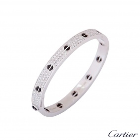 Cartier White Gold Pave Diamond & Ceramic Love Bracelet Size 17 N6032417